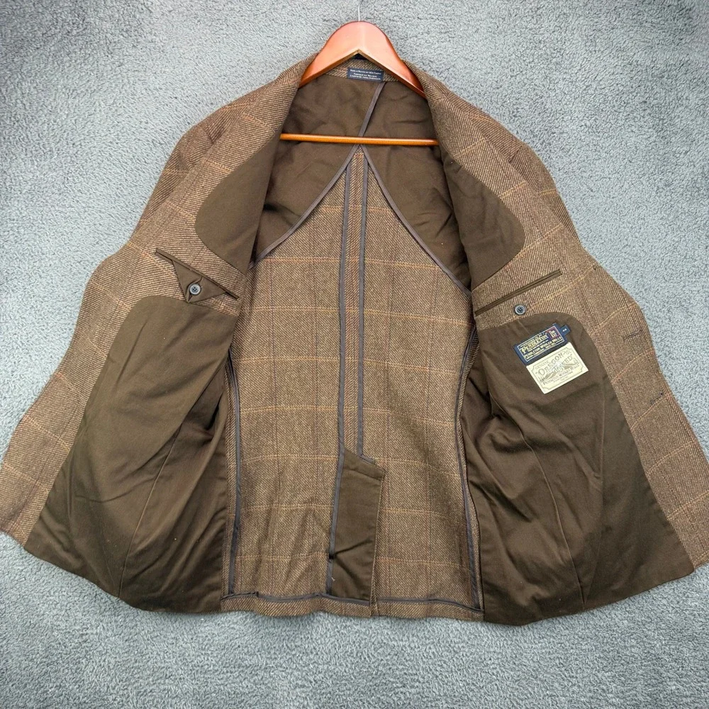 Pendleton Mens 42 Oregon Tweed Wool Blazer Brown Plaid Elbow Patch Sport Coat